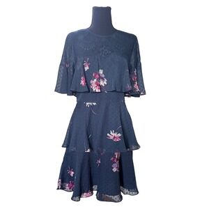 BCBGMaxAzria Navy Blue Floral Lace Tiered Ruffle Midi Dress Size 8 Wedding Guest
